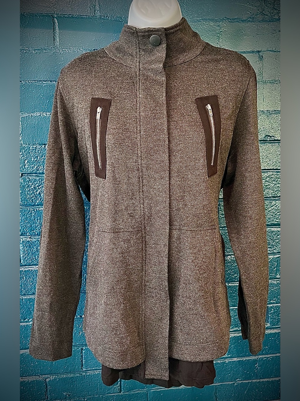 Women's Charcoal/Black Zip-Accent Funnel Neck Jacket